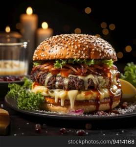 Delicious grilled burgers. Fresh tasty burger on bokeh background. Tasty grilled homemade burgers with beef, tomato, cheese, bacon and lettuce.
