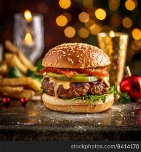 Delicious grilled burgers. Fresh tasty burger on bokeh background. Tasty grilled homemade burgers with beef, tomato, cheese, bacon and lettuce.