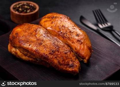 Delicious grilled chicken fillet with spices and herbs on a dark concrete background