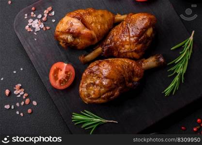 Delicious grilled chicken legs with spices and herbs in teriyaki sauce on a dark concrete background