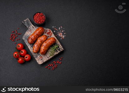 Delicious grilled chicken or pork sausages with salt, spices and herbs on a dark concrete background