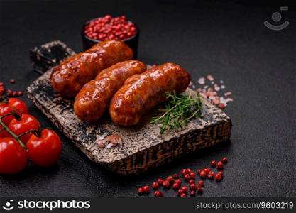 Delicious grilled chicken or pork sausages with salt, spices and herbs on a dark concrete background