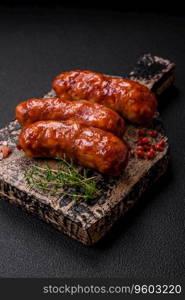 Delicious grilled chicken or pork sausages with salt, spices and herbs on a dark concrete background