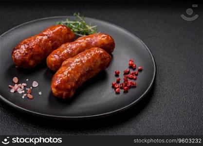 Delicious grilled chicken or pork sausages with salt, spices and herbs on a dark concrete background