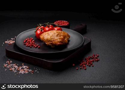 Delicious grilled chicken thighs with salt, spices and herbs on a dark concrete background