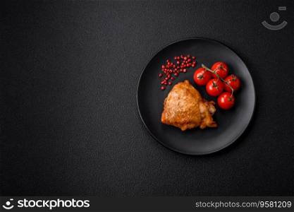 Delicious grilled chicken thighs with salt, spices and herbs on a dark concrete background