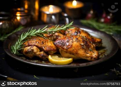 Delicious grilled chicken with thyme, rosemary and garlic. Delicious grilled chicken with thyme and garlic