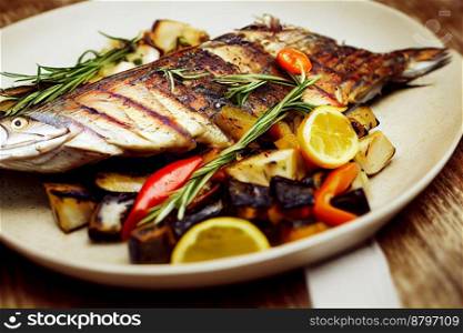 Delicious grilled fish Georgian cuisine 3d illustrated