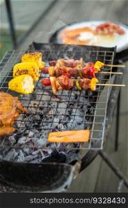 delicious grilled meat with smoke, BBQ with vegetables in outdoor. Barbecue, Party, lifestyle and picnic concept