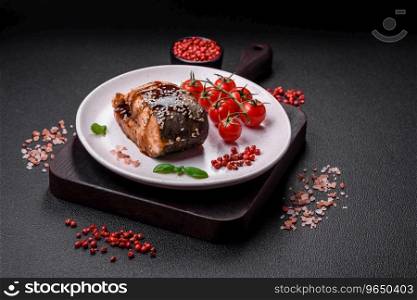 Delicious grilled salmon fillet with salt, spices, herbs and sauce on a dark concrete background