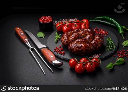 Delicious grilled sausage in the form of a ring with salt, spices and herbs on a dark concrete background