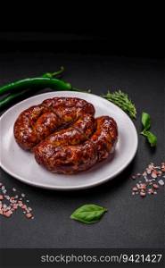Delicious grilled sausage in the form of a ring with salt, spices and herbs on a dark concrete background