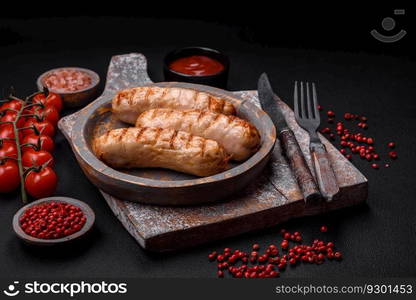 Delicious grilled sausages from chicken or pork meat with salt, spices and herbs on a textured concrete background