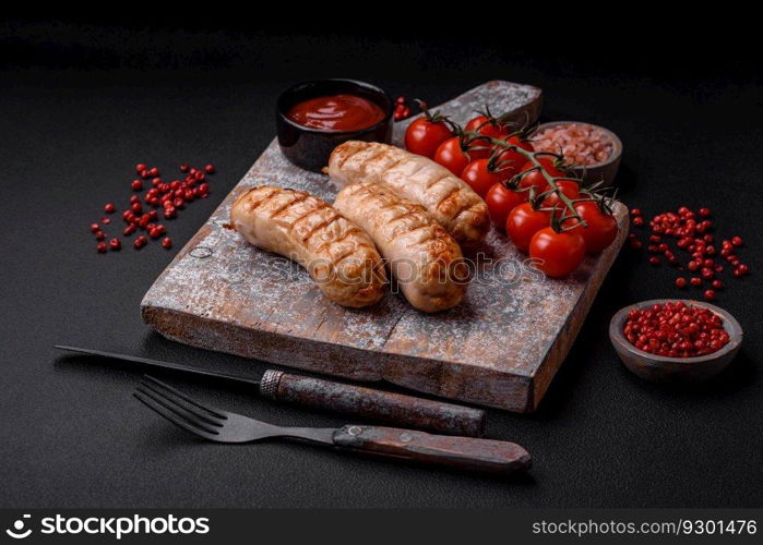 Delicious grilled sausages from chicken or pork meat with salt, spices and herbs on a textured concrete background