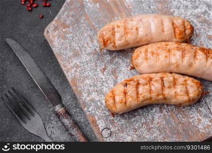 Delicious grilled sausages from chicken or pork meat with salt, spices and herbs on a textured concrete background