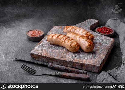 Delicious grilled sausages from chicken or pork meat with salt, spices and herbs on a textured concrete background