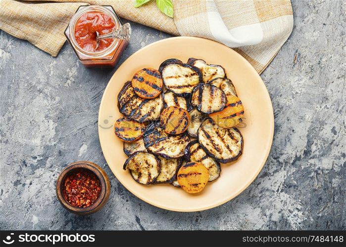 Delicious grilled vegetable.Picnic and summer food.Colorful barbecue vegetables. Grilled vegetables on a plate