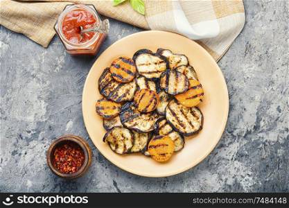 Delicious grilled vegetable.Picnic and summer food.Colorful barbecue vegetables. Grilled vegetables on a plate
