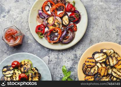 Delicious grilled vegetable.Picnic and summer food.Grilled vegetables mix. Grilled vegetables on a plate
