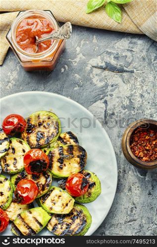 Delicious grilled vegetable.Picnic,summer food.Closeup.Background of grilled vegetables. Grilled vegetables mix