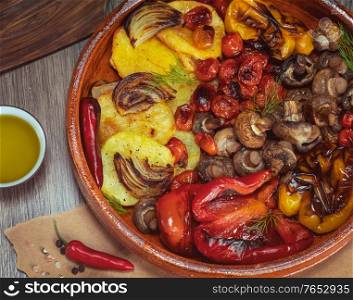 Delicious Grilled Vegetables. Tasty Healthy Oven Baked Vegetarian Seasonal Food. Colorful Veggies in the Pan.