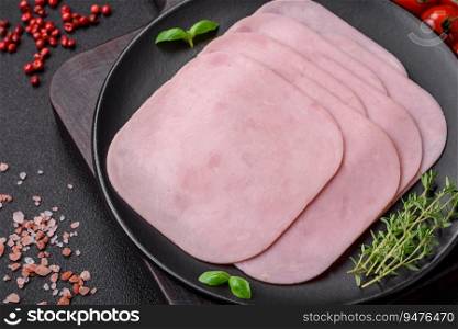 Delicious ham sliced with salt, spices and herbs as ingredients for making sandwiches