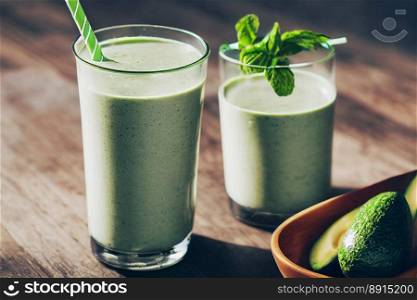 Delicious healthy avocado smoothie, fresh smoothie in tall glass