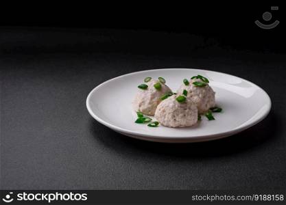 Delicious healthy steamed chicken cutlets or minced meatballs. Diet food dish