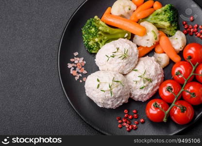 Delicious healthy steamed chicken cutlets or minced meatballs. Diet food dish