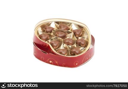 Delicious heart-shaped chocolate candies isolated on white