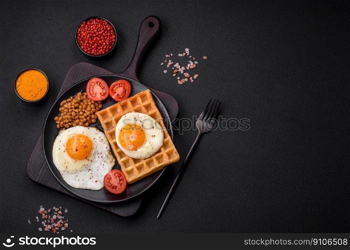 Delicious hearty breakfast consisting of a fried egg, Belgian waffle, lentils, microgreens with spices and herbs on a dark concrete background