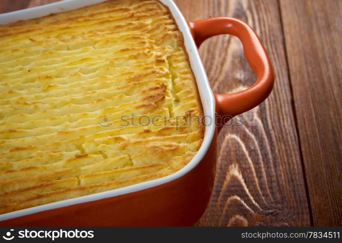 delicious home made Shepherd&rsquo;s pie - traditional British home-cooking.baked mashed potatoes and ground beef with vegetables