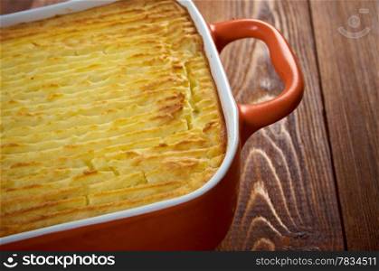 delicious home made Shepherd&rsquo;s pie - traditional British home-cooking.baked mashed potatoes and ground beef with vegetables