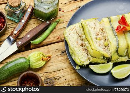 Delicious homemade chicken and zucchini meat terrine.French cuisine. Chicken and zucchini terrine.