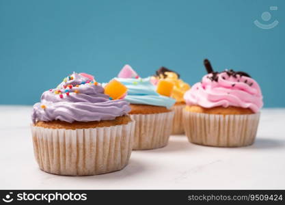 Delicious homemade cupcakes with Colorful cream and topping with candy and Chocolate Cookies. Homemade autumn holiday dessert