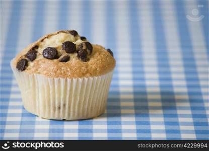 delicious homemade muffin over blue and white kitchen table selective focus