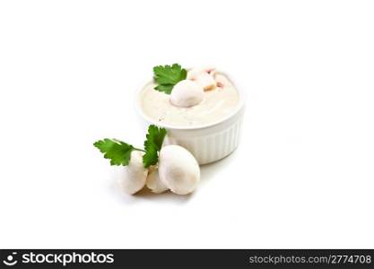 delicious homemade mushroom sauce on white background