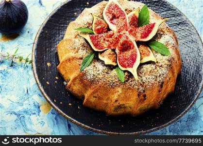 Delicious homemade pie with autumn figs.Sweet fall dessert. Pie with fresh figs