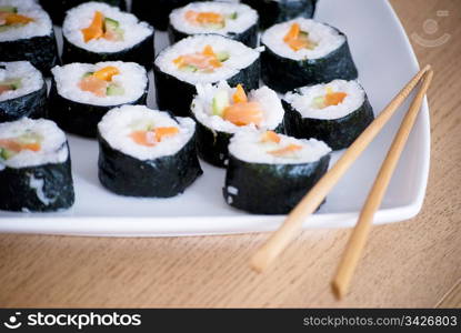 delicious homemade sushi in a white plate