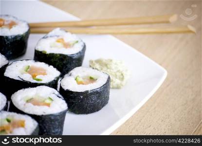 delicious homemade sushi in a white plate