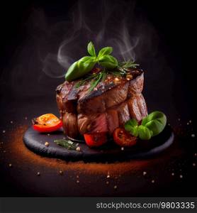 Delicious Hot Beef Steak on Fire on a Dark Background. Illustration AI Generative 