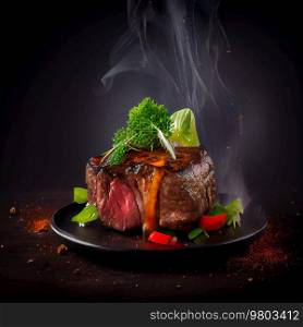 Delicious Hot Beef Steak on Fire on a Dark Background. Illustration AI Generative 