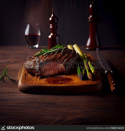 Delicious Hot Beef Steak on Wooden Background. Illustration AI Generative 