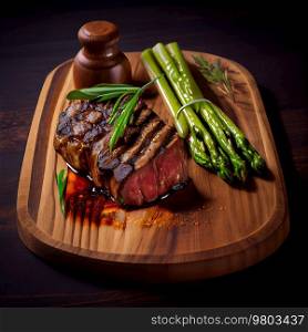 Delicious Hot Beef Steak on Wooden Background. Illustration AI Generative 