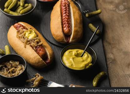 delicious hot dogs arrangement high angle