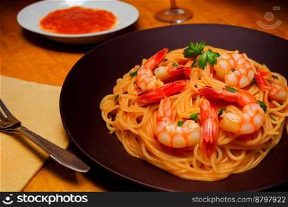 Delicious hot pasta with shrimps 3d illustrated