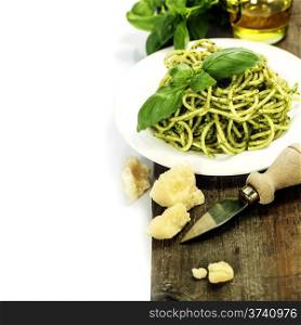 delicious italian pasta with pesto sauce over white