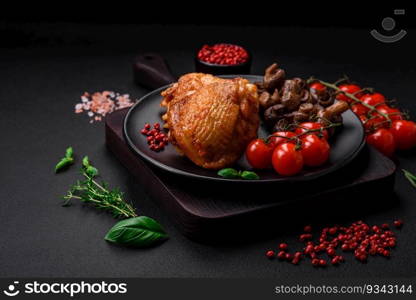 Delicious juicy chicken thighs baked with salt, spices and herbs in a ceramic plate on a dark concrete background