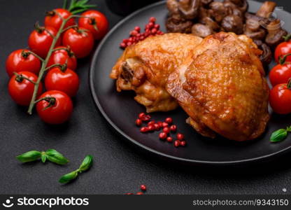 Delicious juicy chicken thighs baked with salt, spices and herbs in a ceramic plate on a dark concrete background