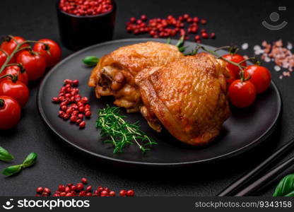 Delicious juicy chicken thighs baked with salt, spices and herbs in a ceramic plate on a dark concrete background